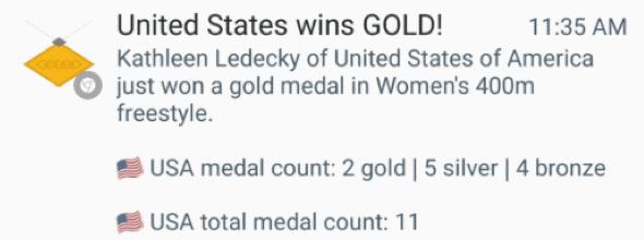 An example of a real-time medal alert.