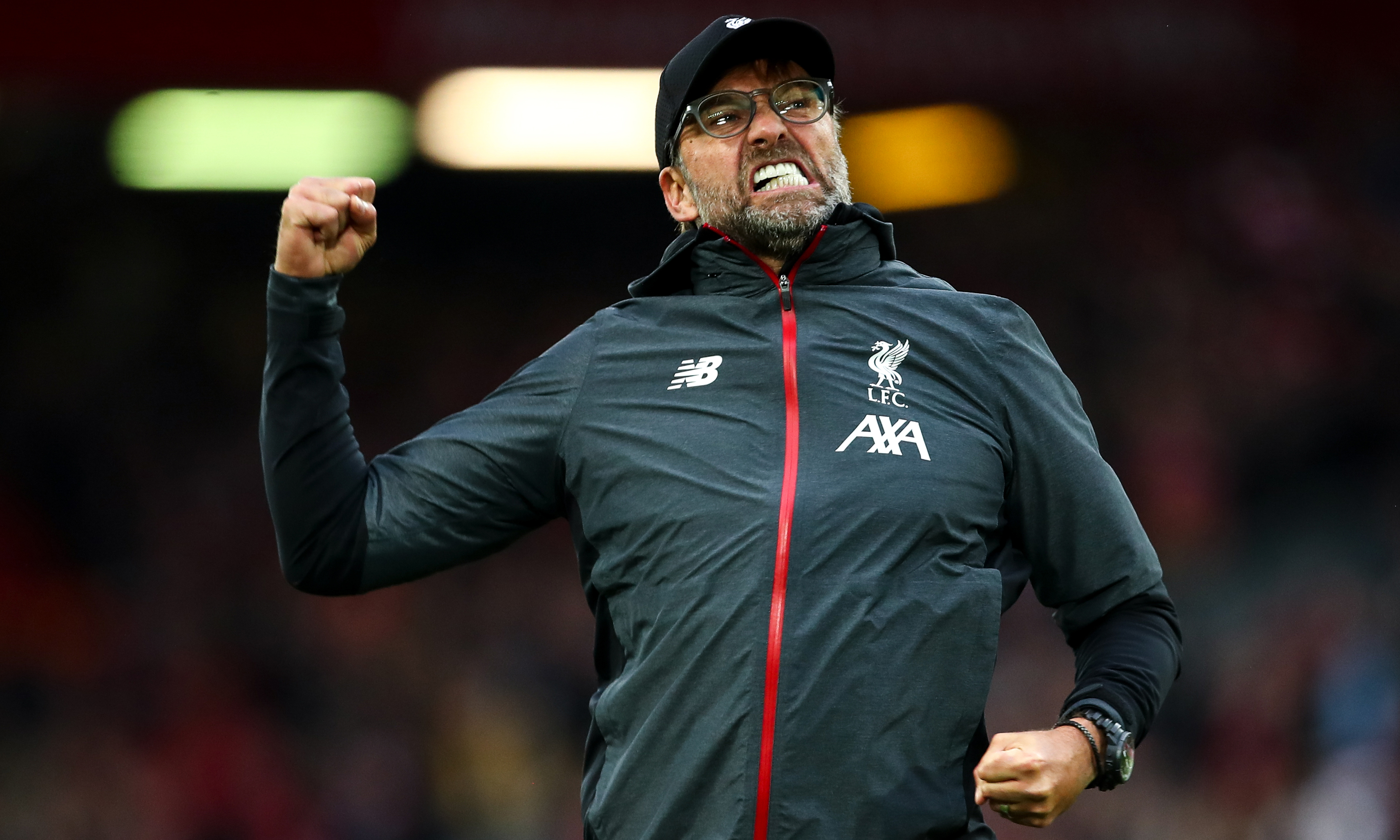 Liverpool managr Jürgen Klopp celebrates at full time after his team beat Leicester City at Anfield.