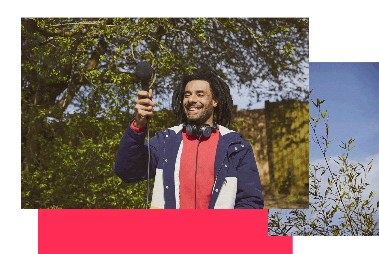 Animation of Marcus Barnes holding a microphone