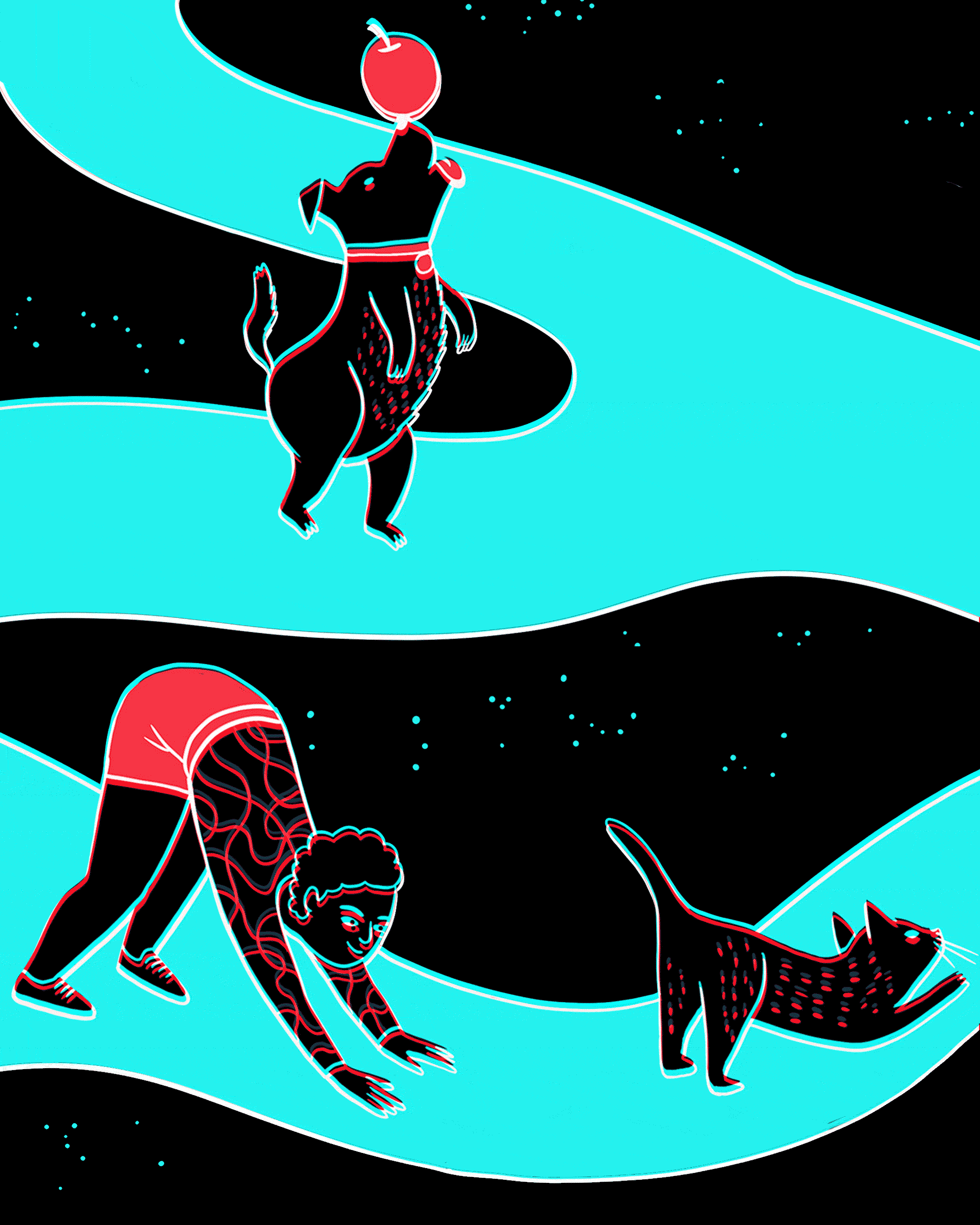 Illustration of person doing yoga surrounded by pets