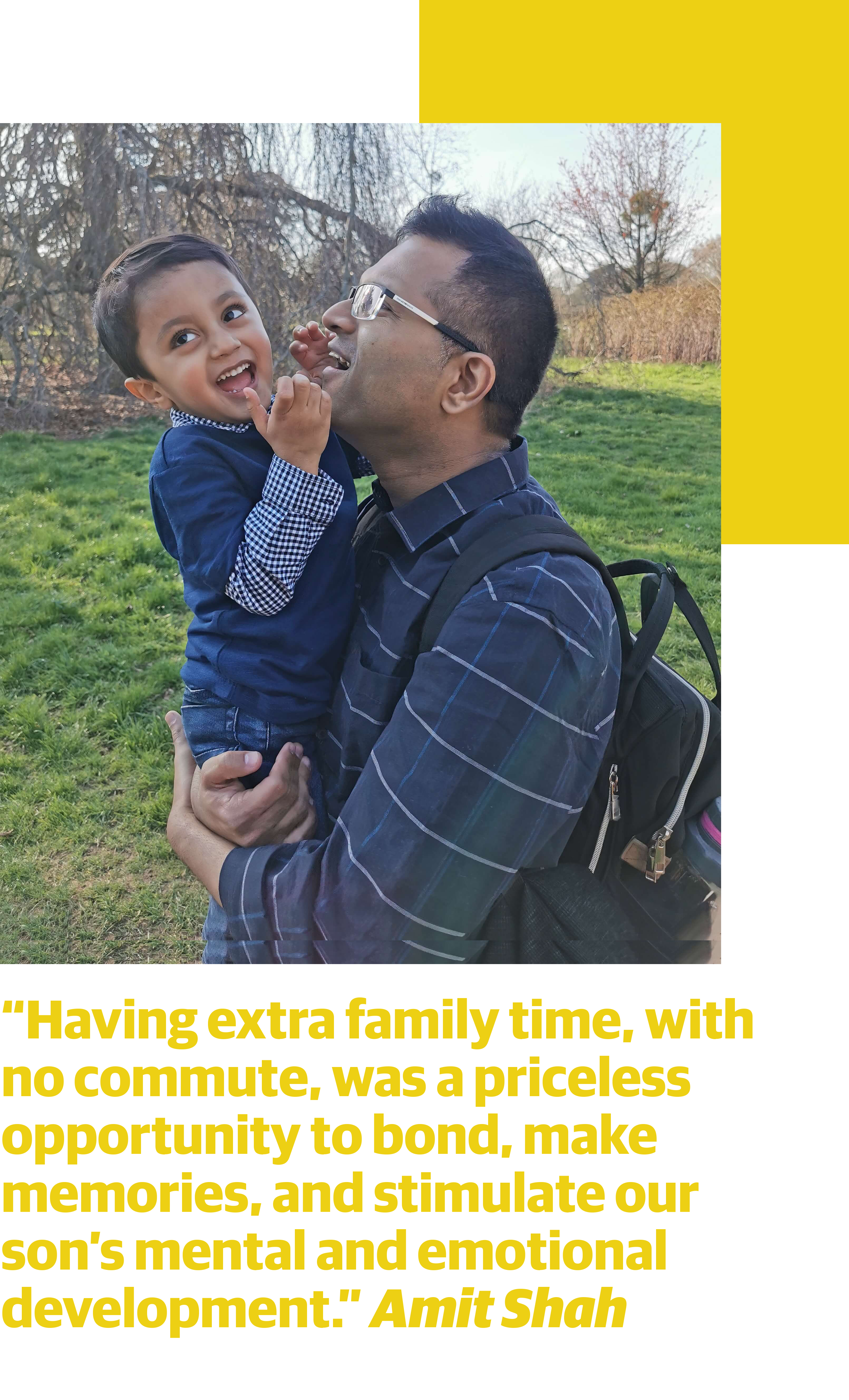 Portrait of Amit Shah and his son Ayden with quote: 