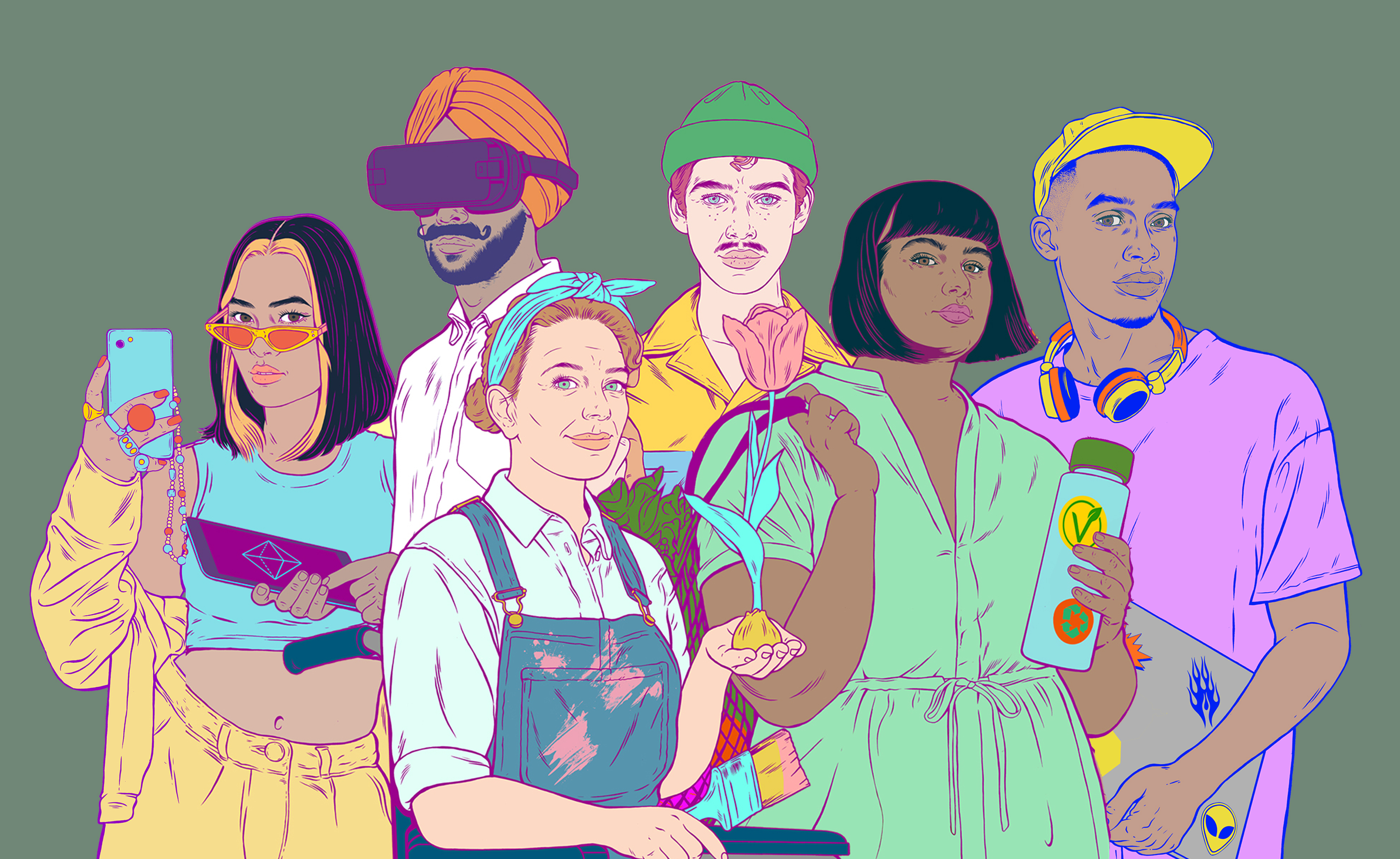 Illustration of types of Pinterest user: the Authentic Seeker, the Digital Doer, the Inspired Maker, the Design Maven, the Authentic Explorer, and the Conscious Go-getter