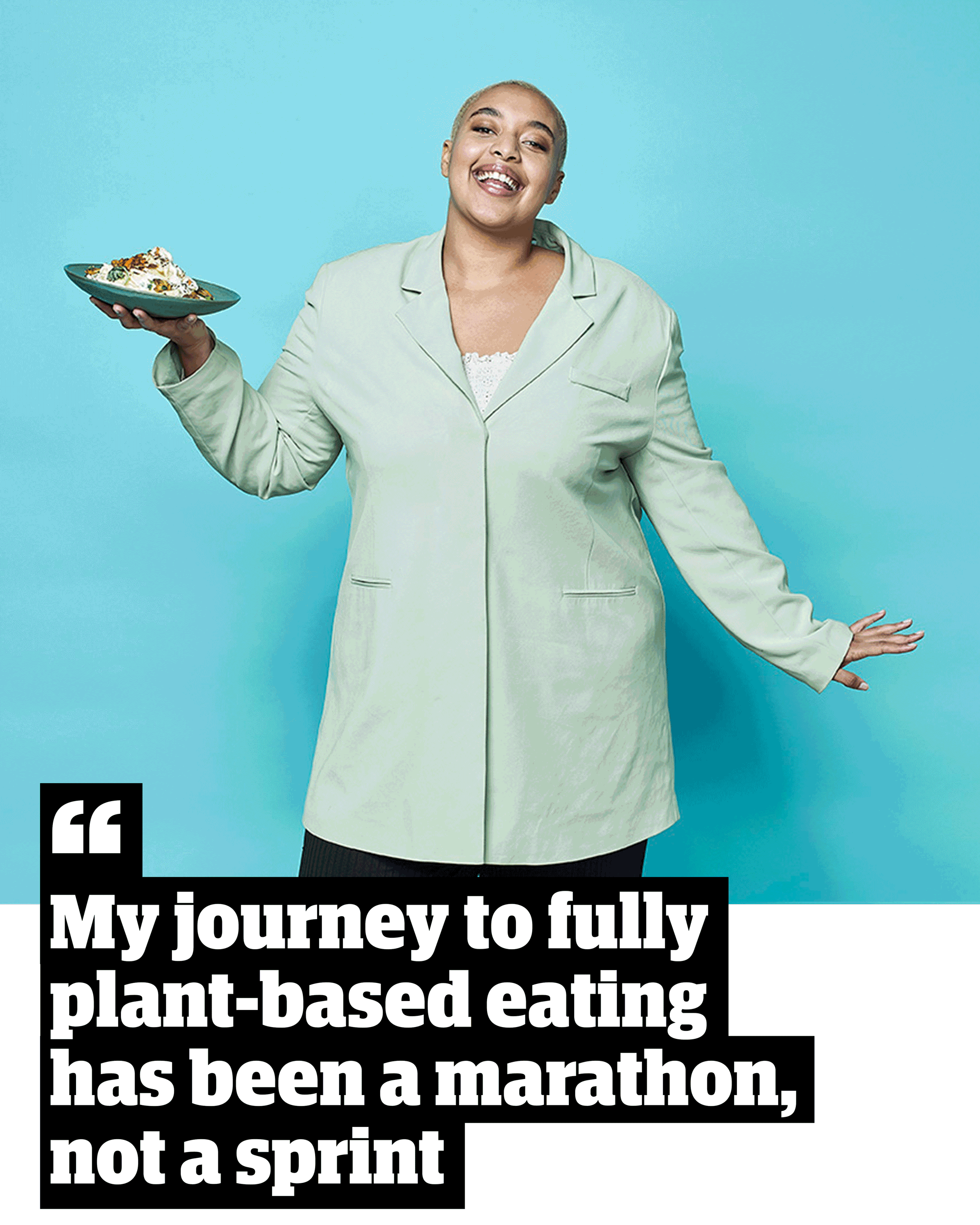 Animation of Safiya Robinson holding a plate, with quote: “My journey to fully plant-based eating has been a marathon, not a sprint”