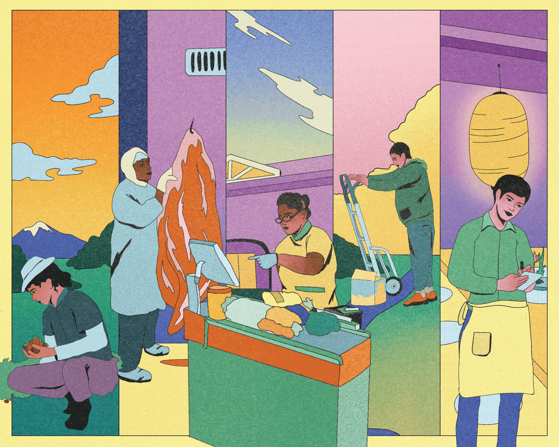 colorful illustration shows immigrant workers disappearing from their workplaces