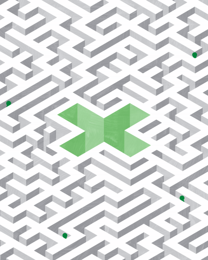 An illustration of patients in a maze with a green cross at the centre