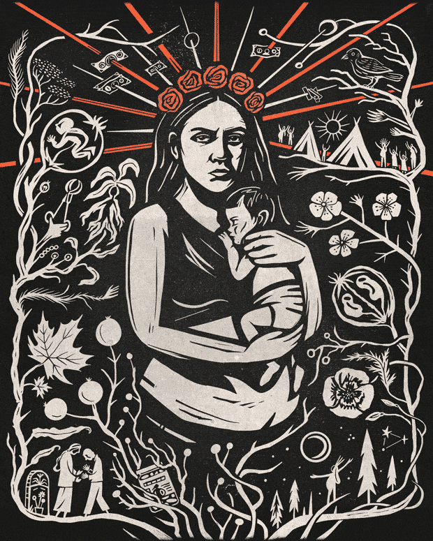 An illustration of a woman holding a baby