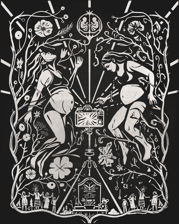 Illustration of a camera on a tripod between two  pregnant women floating in the air surrounded by tree branches with a womb carrying two babies, one of which is pulsing red