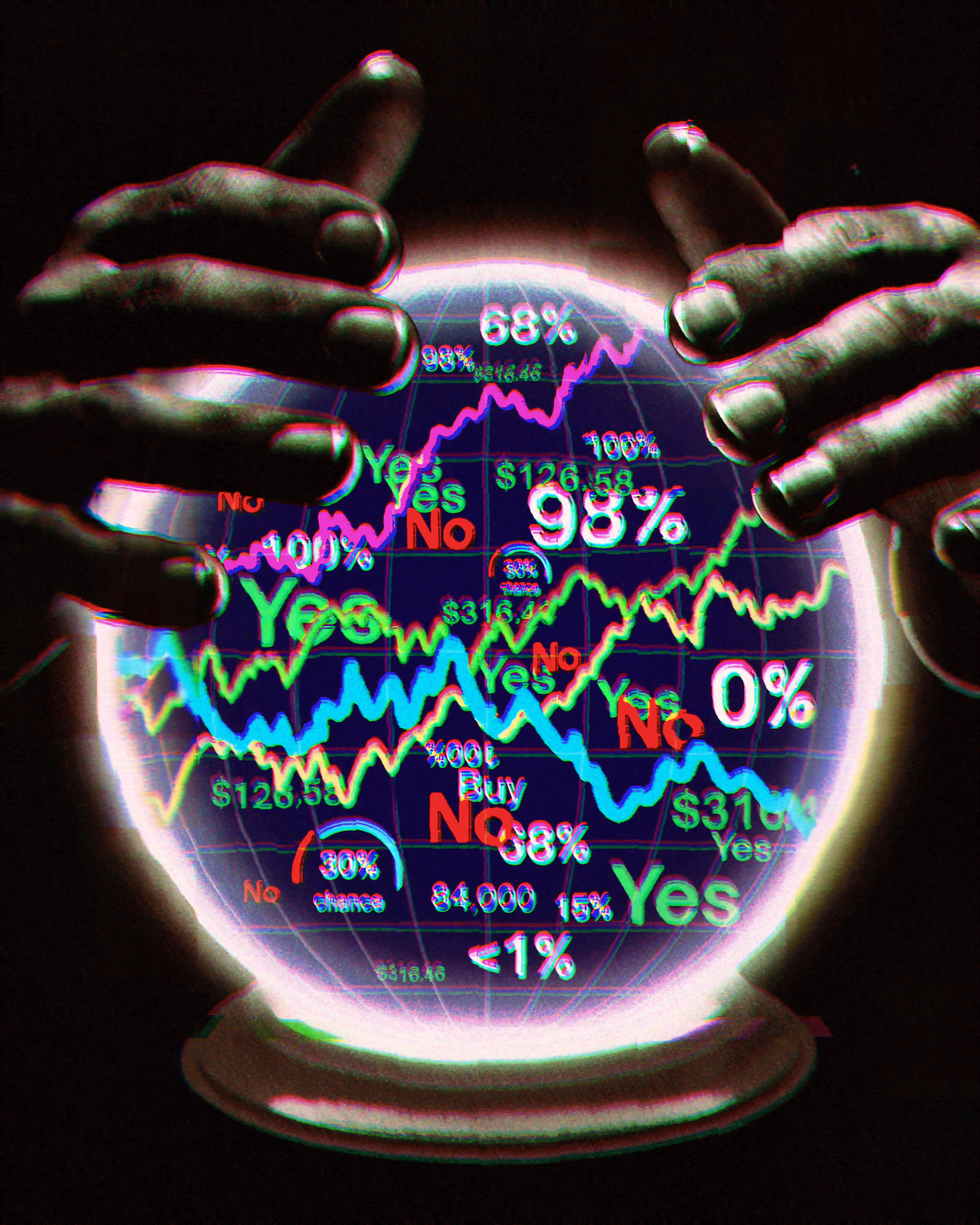 Two hands hover around a glowing crystal ball filled with numbers and charts