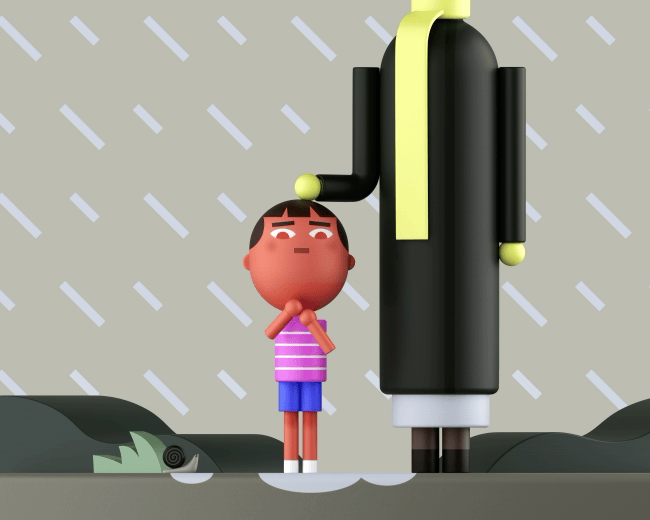 a child with his head being patted by a parent. His eyes swivel back and forth with an eye-rolling expression of uncertainty