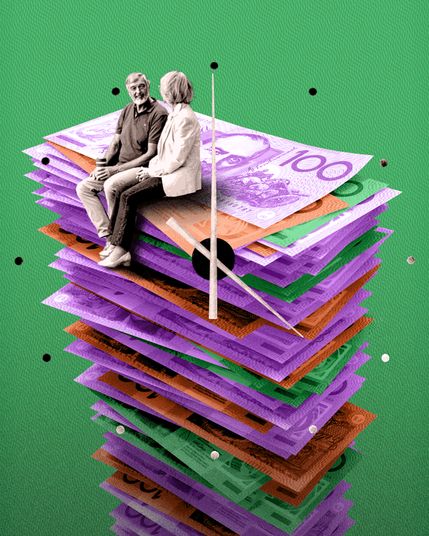 Two elderly people sat on a stack on cash with a ticking clock overlaid