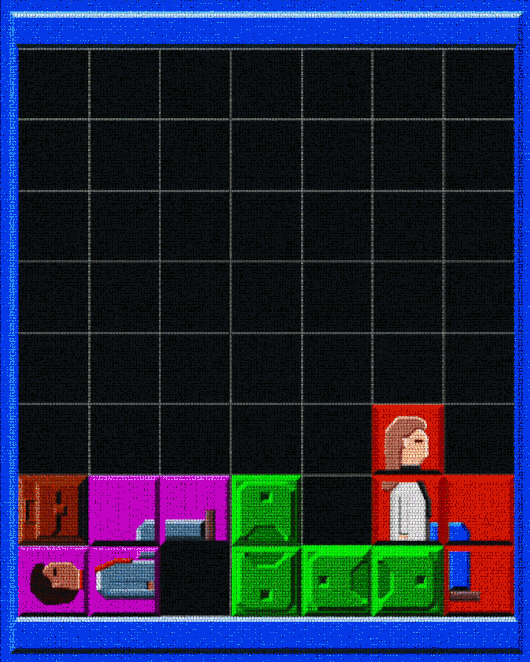 Illustration of a video game screen with falling blocks representing people, computers, and briefcases