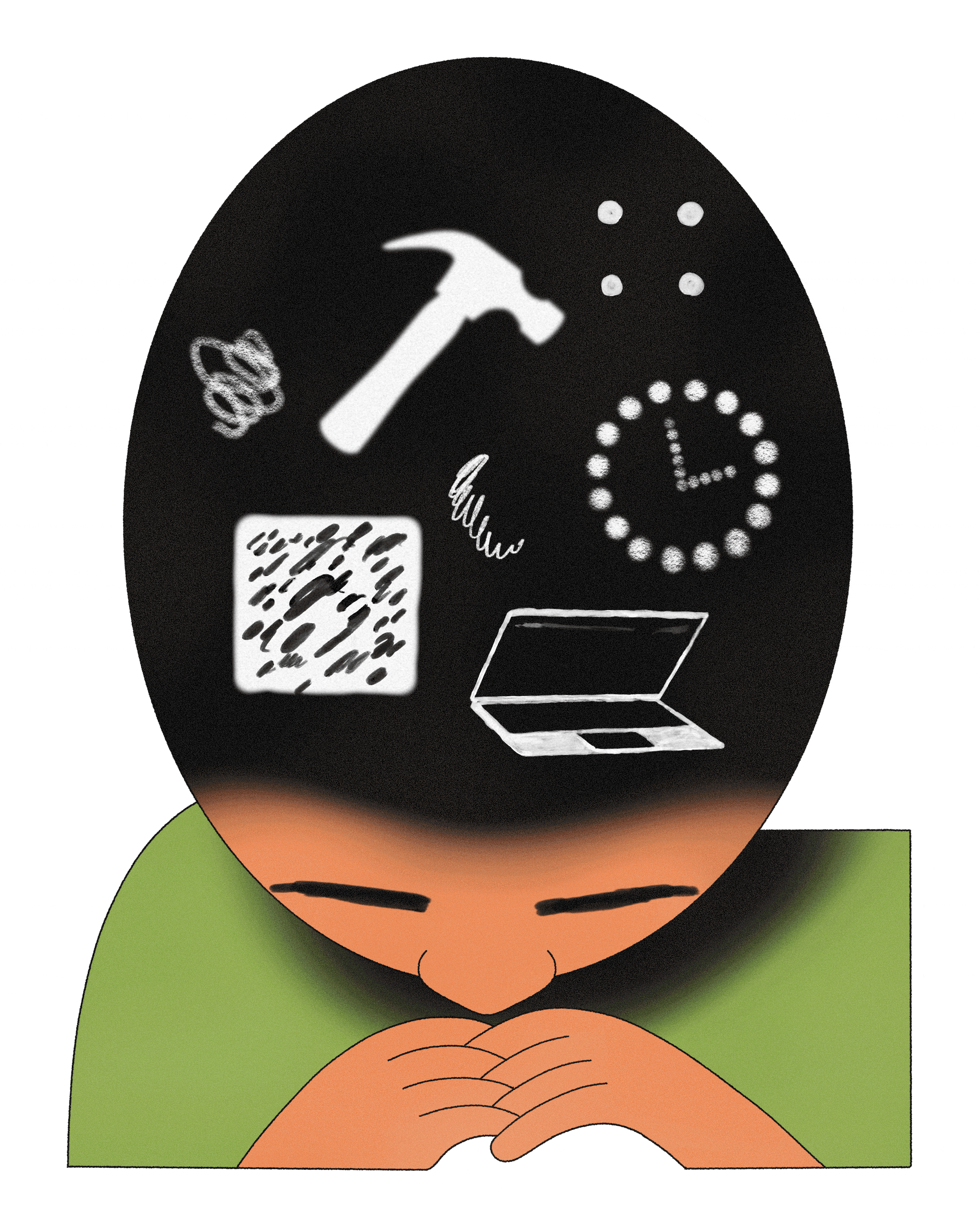 Person with head bowed, their mind is filled with drawings of a hammer, laptop, clock and scribbles