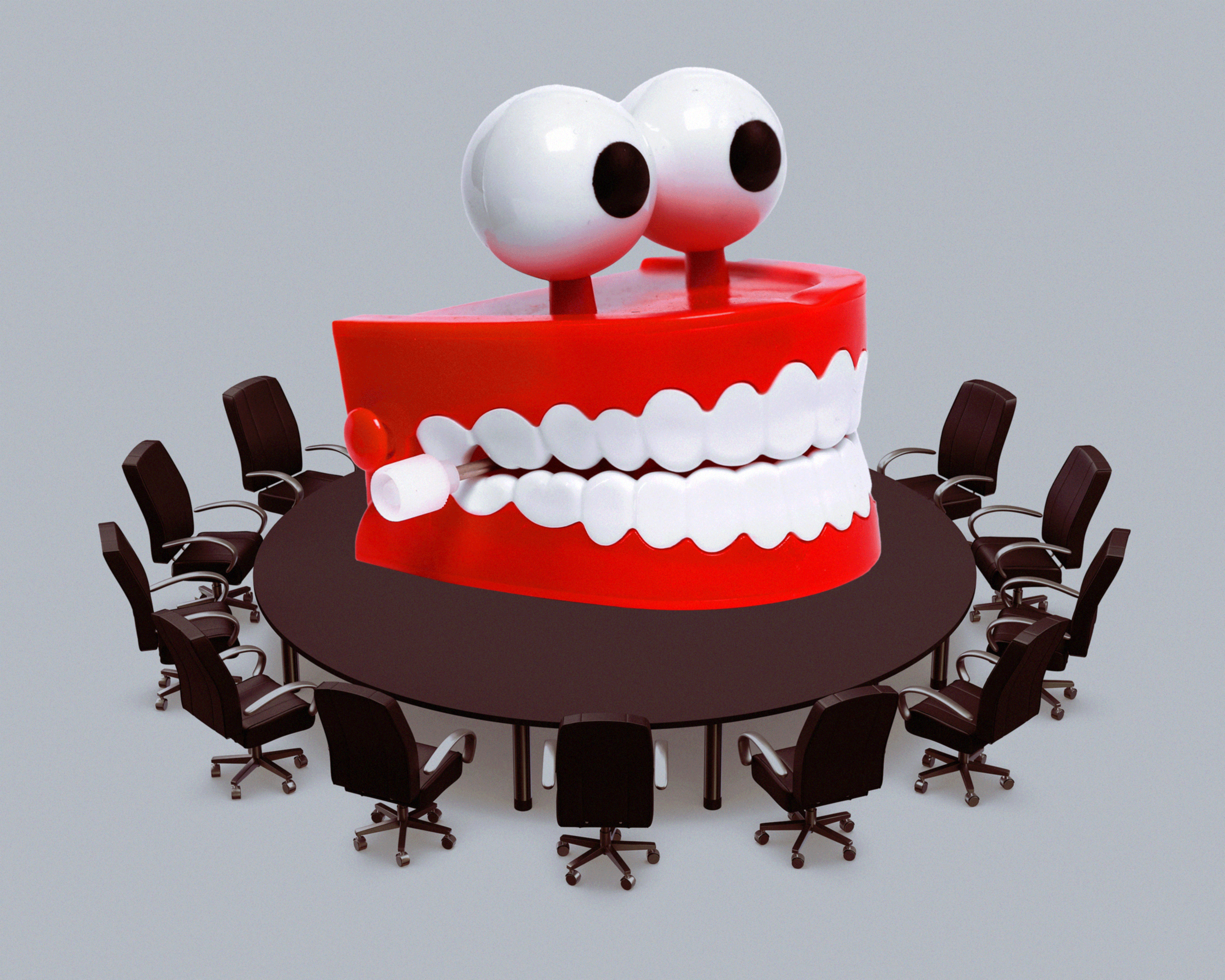 Chattering teeth at a conference table surrounded by office chairs