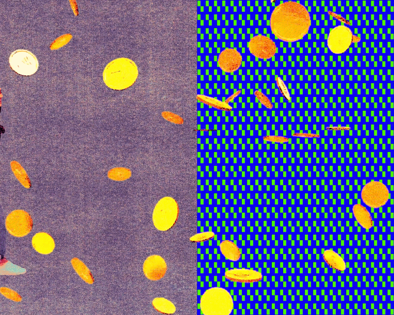 People moving into a pixelated area while gold coins fall around them.