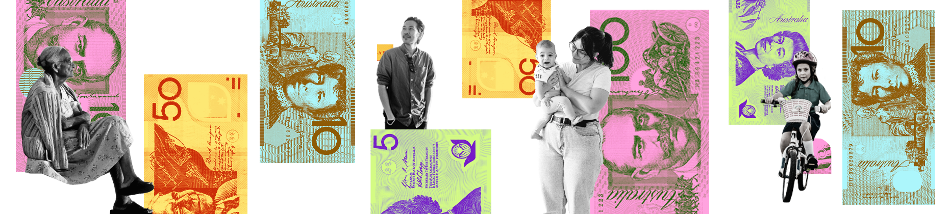 colourful australian bank notes with cutouts of various people.