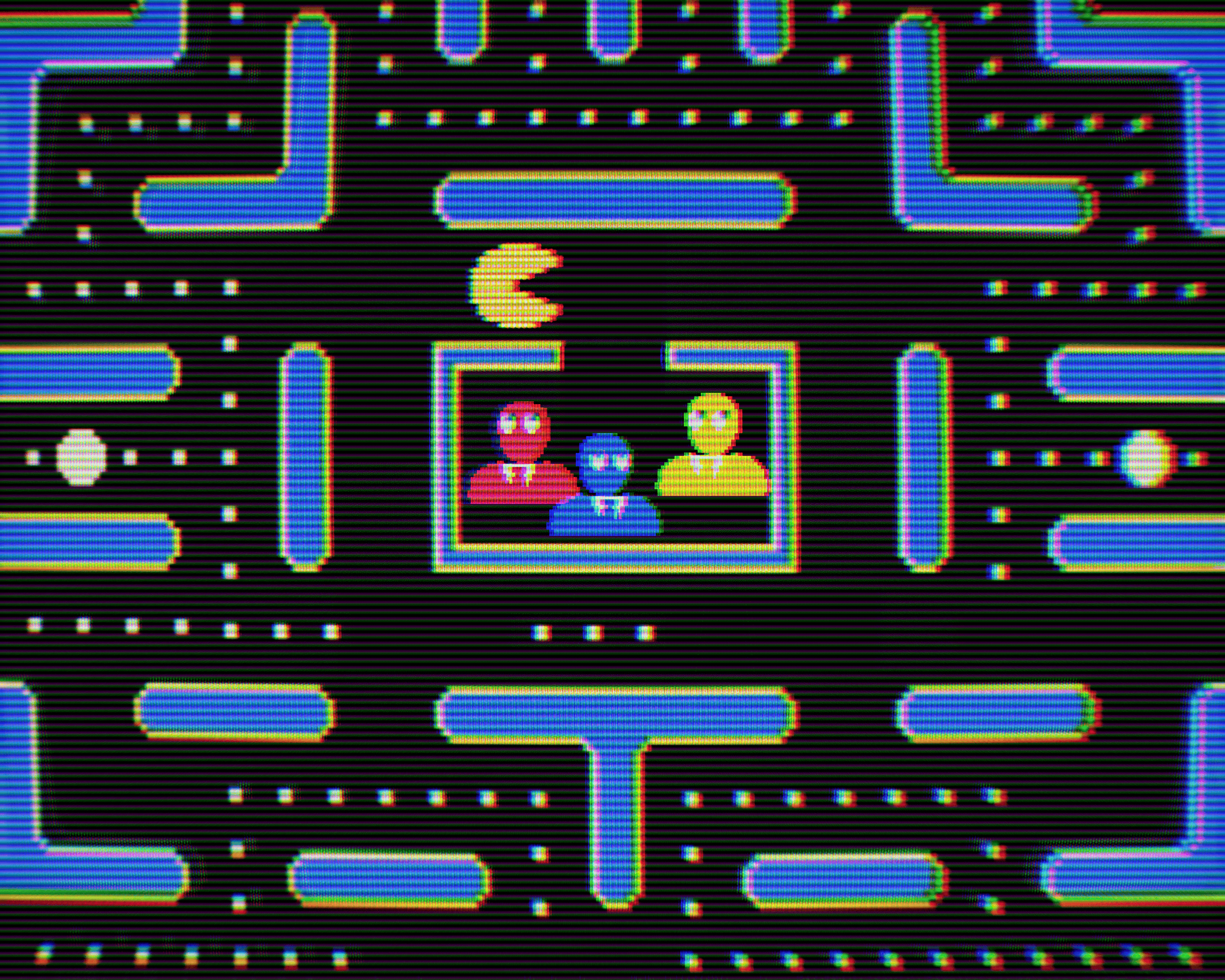 Pixel-art maze resembling Pac-Man, with a group of people at the center of the screen