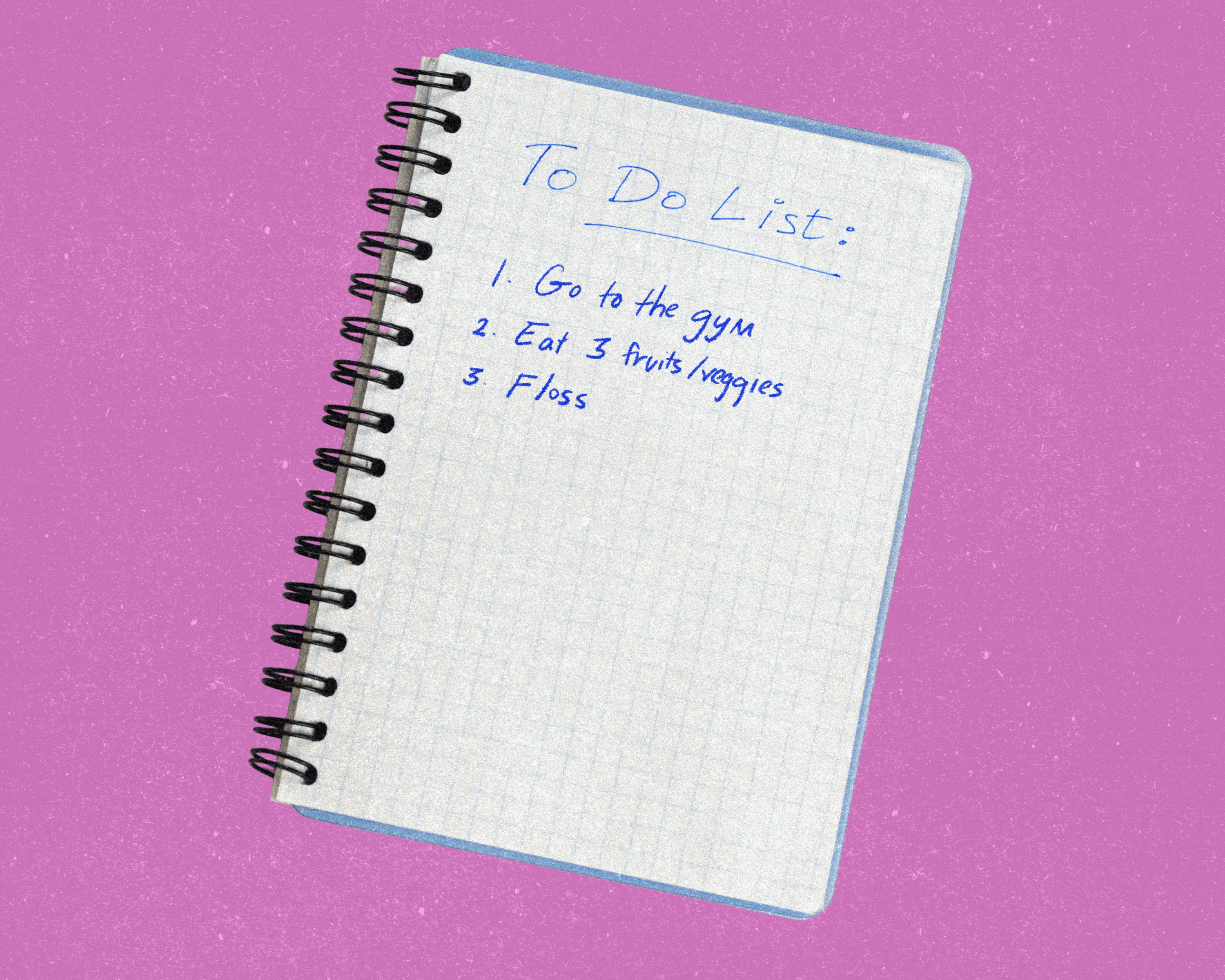 a to-do list in a spiral notebook with gold star stickers next to a list of three tasks : go to the gym, eat 3 fruits/veggies and floss 