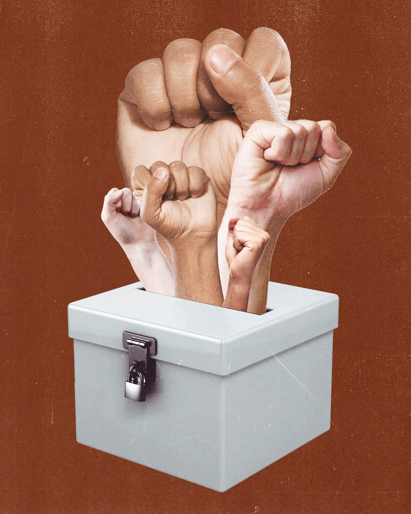 Animated collage of raised fists emerging from a ballot box